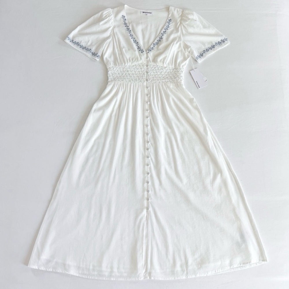 Reformation Kamryn Embroidered Smocked Waist Midi Dress Size 2 NWT